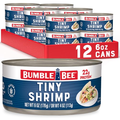 Bumble Bee Tiny Canned Shrimp, 6 oz Cans (Pack of 12) - Shrimp in Water, Cooked, Peeled, Deveined - 22g Protein per Serving - Gluten Free
