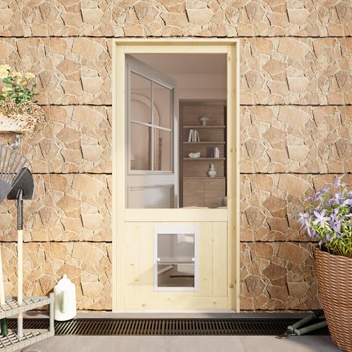 Front Pet Screen Door for Exterior/Interior,36 x 80 Inch Solid Pine Wooden with Built-in Dog...