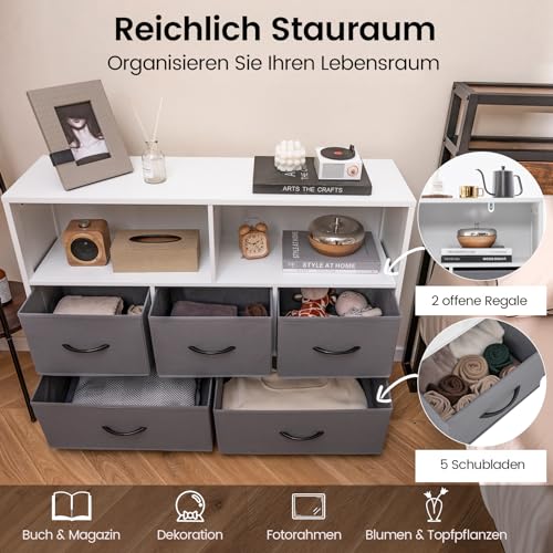 GOPLUS Cómoda con 5 Cajones de Tela Extraíbles y 2 Estantes Abiertos, Aparador de Madera, Cajonera para Dormitorio, Salón, Habitación Infantil, Mueble para TV de hasta 45 Pulgadas (5 cajones) - imagen 4