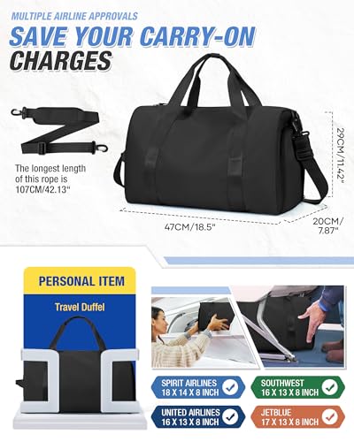Gym Duffle Bag for Women Carry on Luggage Travel Essentials Airline Approved Personal Item 18x14x8 Inches Lightweight Weekender Sports Travel Duffel Bag with Shoe Compartment Wet Pocket Men Black3