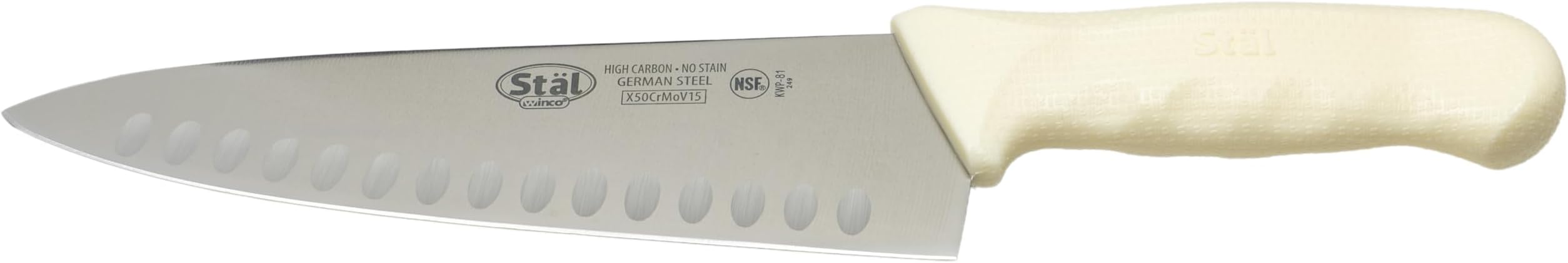 Winco KWP-81, 8" Stäl High Carbon Steel Chef's Knife with White Polypropylene Handle, Professional Cook's Knife, Hollow Ground