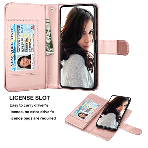 Njjex Galaxy S21 FE 5G Case, for Samsung S21 Fan Edition/ S21 FE 5G Wallet Case, [9 Card Slots] PU Leather Credit Holder Folio Flip [Detachable] Kickstand Magnetic Phone Cover & Lanyard [Marble Pink] - Thumbnail 3