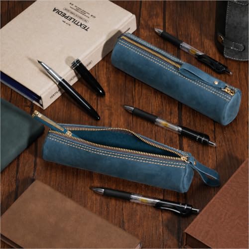 Image of ECHSRT Genuine Leather Pencil Pouch, Classic Cylinder Pen Bag - Blue | Full-Grain Cowhide Leather, Crazy Horse Finish, Single Zipper, Vintage Pen Organizer for Adults
