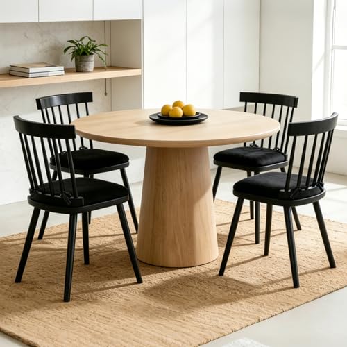 ClinQ Windsor Dining Chairs Set of 4, Modern Wooden Spindle Back Dining Room Chairs, Mid Century Kitchen Chairs with Metal Legs, Farmhouse Dining Chairs for Kitchen, Dining Room, Black- Soft Cushion