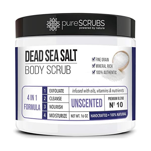 pureSCRUBS Premium Unscented Body Scrub Set - Large 16oz Dead Sea Salt Body Scrub With Infused Essential Oils & Nutrients, Includes Wooden Spoon, Loofah & Oatmeal Exfoliating Bar Soap