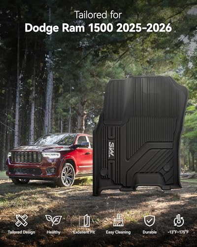 Image of 3W Floor Mats Fit for Dodge Ram 1500 Crew Cab 2025-2026 (w /o Rear Under-Seat Factory Storage Bucket Seat), TPE All Weather Custom Fit Floor Liner for Ram 1500 Accessories Row Car Mats, Black