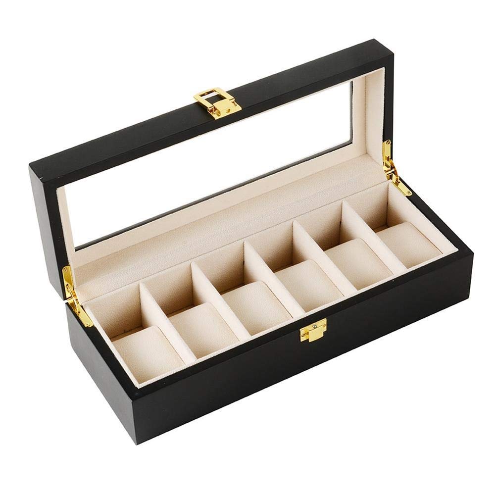 ShandongmtWatch Accessories Watch Storage Box Organizer, 6 Glass Lid Watch Jewellery Display Storage Box Case, Wooden, Black Shandongmt