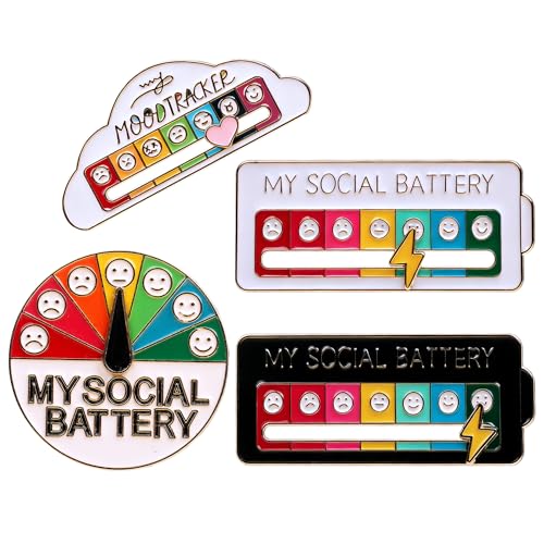 Funny Social Battery Enamel Pins 4 Pack Interactive Mood Meter Slider Badge 7 Days a Week for Clothing Backpacks Hats Mental Health Humor Gifts
