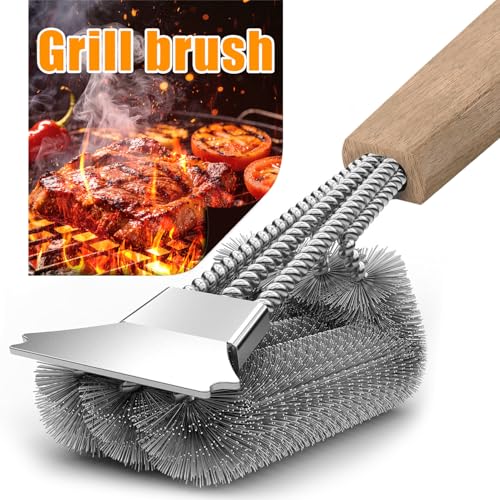 Grillbürste mit Holzgriff HAZENS Grill Reinigungsbürste Edelstahl Schaber dichte Edelstahlborsten 39cm Extra Langer Holzgriff für Gasgrill Holzkohlegrill Kugelgrill Elektrogril und Grillrost