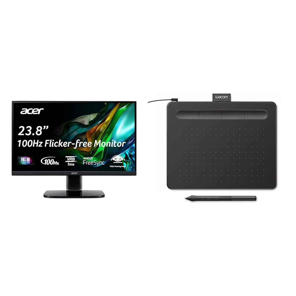 Acer KC242Y Hbi 23.8" Full HD Zero-Frame Gaming Office Monitor | AMD FreeSync Technology | 100Hz | 1ms | Low Blue Light | Tilt | HDMI &amp; VGA Ports &amp; Wacom Intuos Small Graphics Drawing Tablet