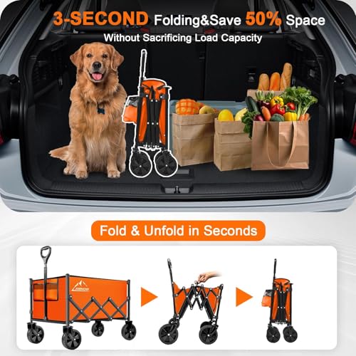 Image of Collapsible Folding Wagon Cart, 350LBS Utility Large Capacity Cart Foldable Wagon with All Terrain Wheels, Grocery Wagons Carts for Garden Shopping Sports Camping, Bright Orange