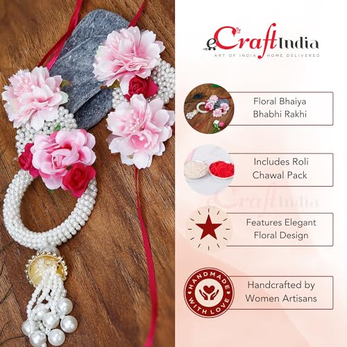 Image of eCraftIndia Pearls Designer Bhaiya Bhabhi Rakhi Set with Roli Chawal Pack | Rakhis for Brother Bhaiya Bhai