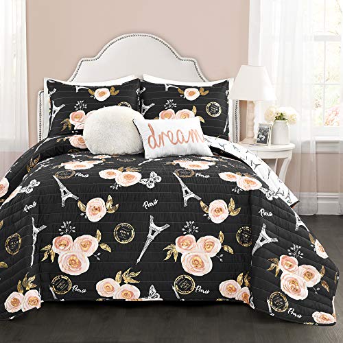 Lush Decor Black Vintage Paris Rose Butterfly 5-Piece Quilt Bed Set, Reversible Bedding (Full/Queen)