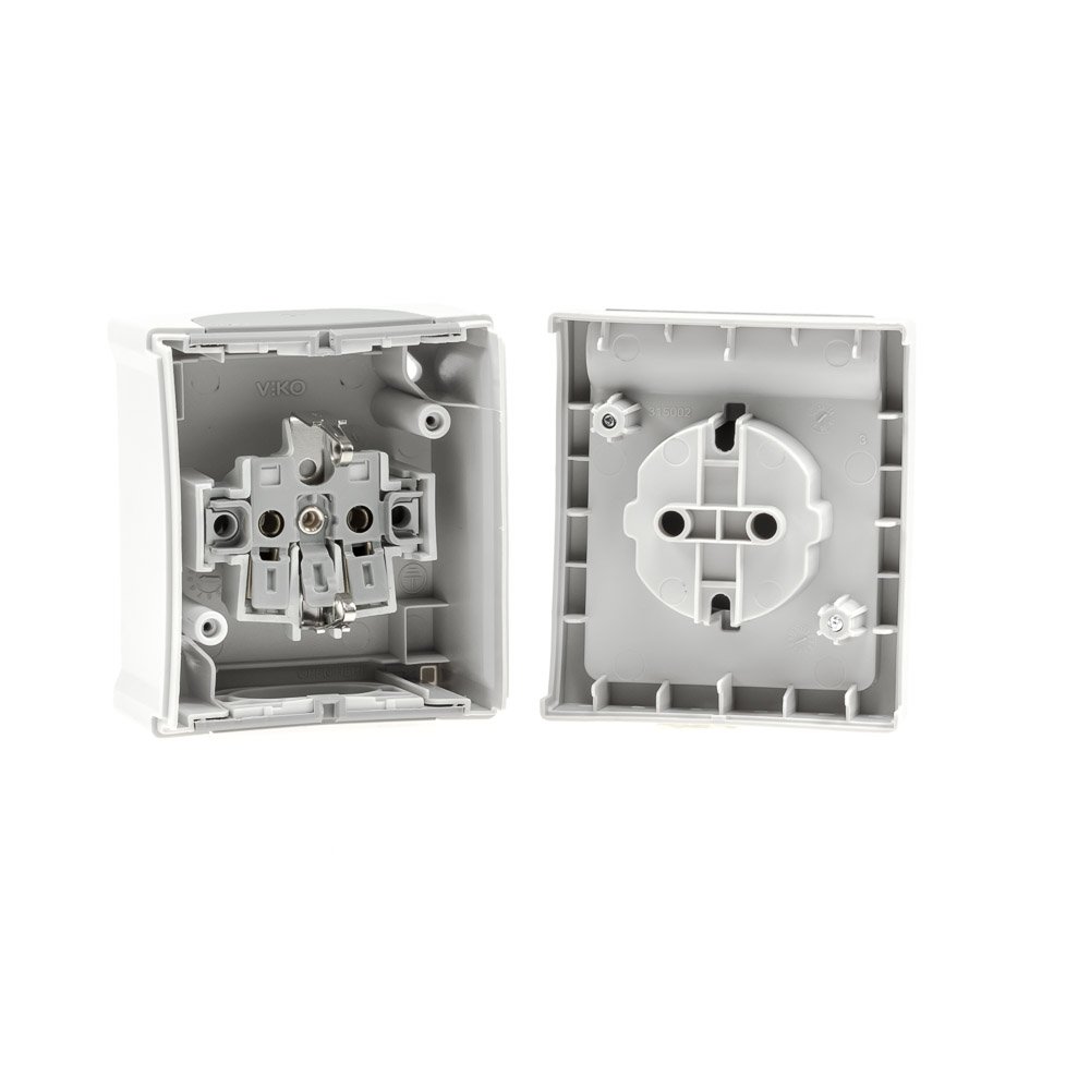 Globe Warehouse AP/FR Steckdose 1-fach – Grau/hellgrau, IP54, Kinderschutz