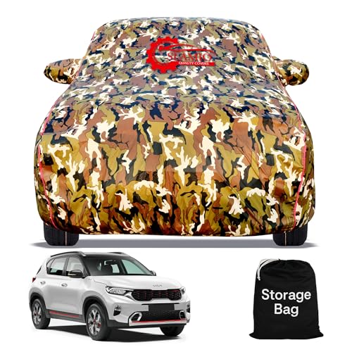Image of Waterproof Car Body Cover for Kia Sonet with Mirror Pocket, Soft Cotton Lining, Triple Stitched, Full Bottom Elastic (Heat Resistant Jungle Print with Red Piping)
