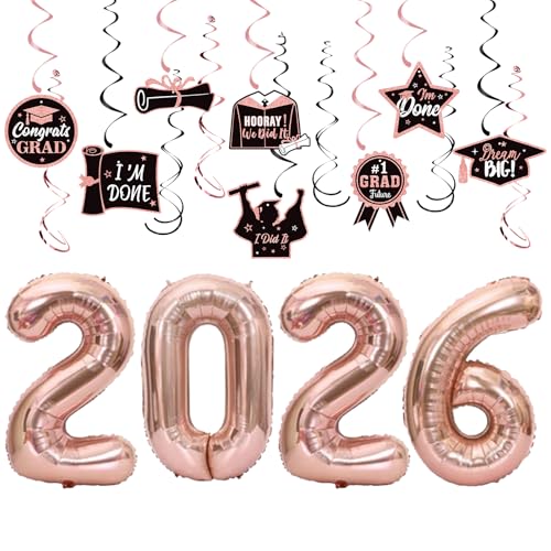 Image of JOJO FLY Rose Gold Graduation Decorations 2026, Congrats Grad Hanging Swirl Supplies, Rose Gold 2026 Balloons, Graduation Balloons, Class of 2026