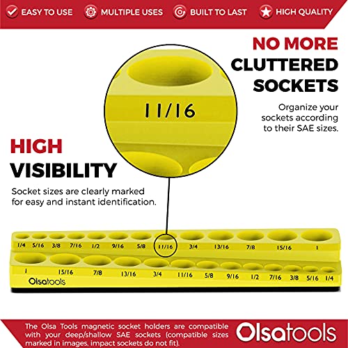 Image of Olsa Tools Magnetic Socket Organizer - 3 /8-Inch Drive SAE Socket Holder with Strong Magnets - Professional Tool Holder and Organizer - Stores up to 16 Sockets - Yellow - Part: 1350