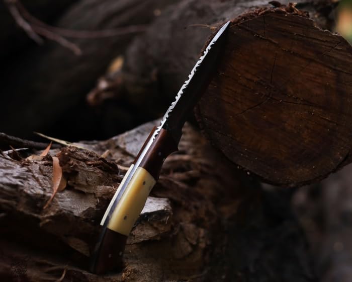 Miniatura 6 de Cuchillo de caza de acero de Damasco de hoja fija con funda de cuero, cuchillo de caza de espiga completa de 9 pulgadas, mango de madera