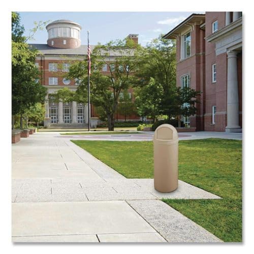 Image of Rubbermaid Commercial Products Marshal Classic Container Round Trash Can 25 Gallons Beige Outdoor for Parks /College Campuses /Outdoor Shopping Malls