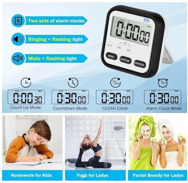 Image of Stopwatch Timer for Study Kitchen Timer Large LCD Screen 24hr Digital Display Magnetic Retractable Stand Loud Alarm Countdown Flashing Light for Students Cooking Black