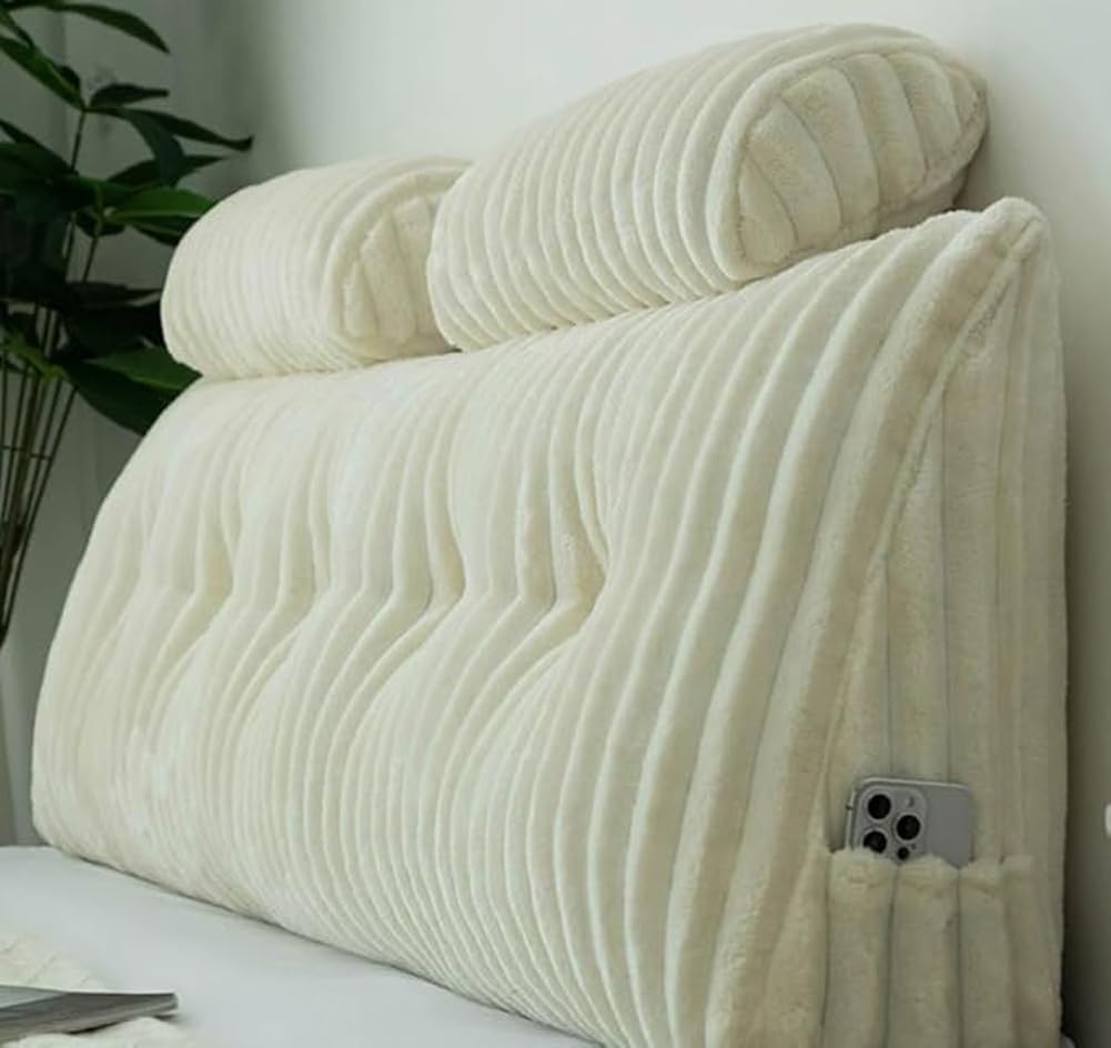 HEANCRIE Heavy Duty Headboard Pillow,Faux Fur Backrest Bolster with 2 Neck Pillow for Mattress Gap,Body Positioning Wedge Reading Cushion,Washable Lumbar Support Pillow (White,150X50X20CM)