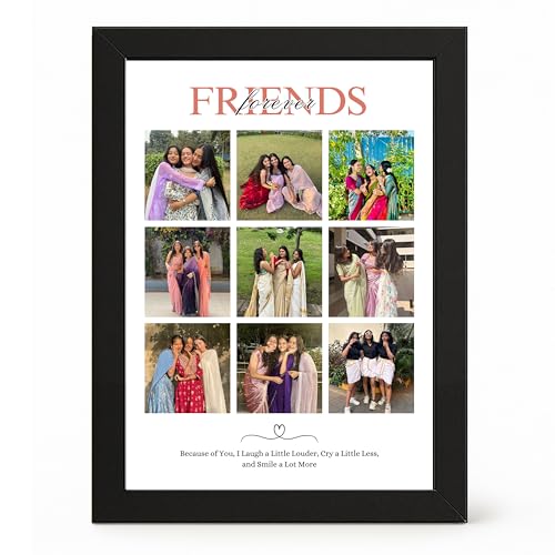 Image of Framekaari Friends Customized Photo Frame | Personalized Birthday Gift | 9-Photo Collage & Custom Text | Tabletop & Wall Mount | Room & Home Decor | 16x21 cm (Design-04)