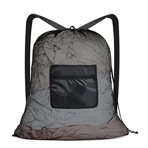 aceyoon Mesh Rucksack Wäschenetz Groß mit Verstellbarer Schultergurten 60x70 cm Wäschesack mit Kordelzugverschluss Netztasche Fronttasche Ballnetz für Schwimmen Tauchen Reisen Fitnessstudio, Schwarz Cover