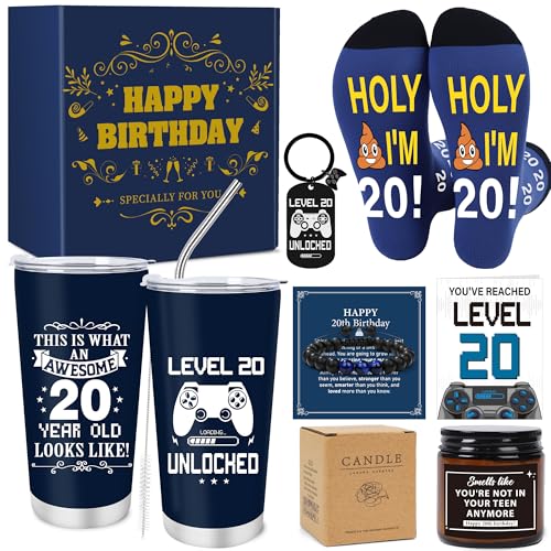 Keluna 20th Birthday Gifts for Men - 20 Year Old Birthday Gifts Set with 20 Oz Tumbler Bracelet Socks Keychain Greeting Card for Son Nephew Grandson Brother Boyfriend Christmas