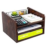 PAG Wood Desktop File Organizer Mail Sorter Magazine Rack Paper Holder Telephone Stand with Adjustable Drawer, Brown