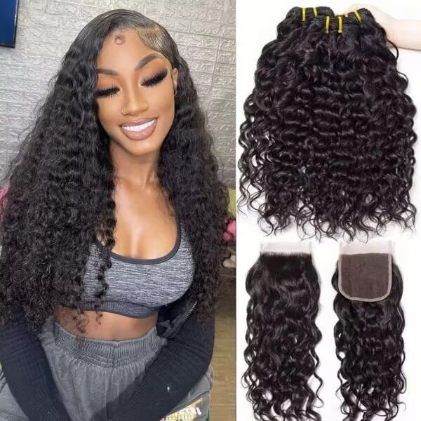 Human Hair Bundles with Closure (10 12 14+10) Wet and Wavy 100% Unprocessed Brazilian Virgin human hair 3 Bundles with 4x4 Lace Closure Free Part Curly Wave Hair Extensions