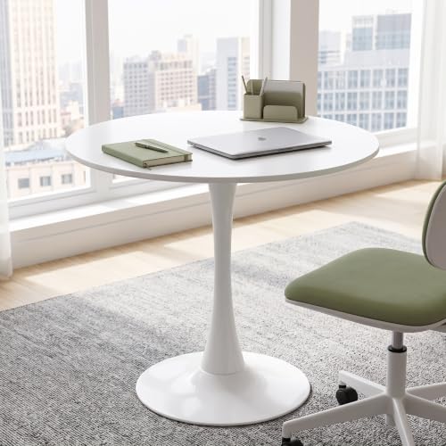 Trygoal Small Round Dining Table 32" Tulip Table with Metal Pedestal, White
