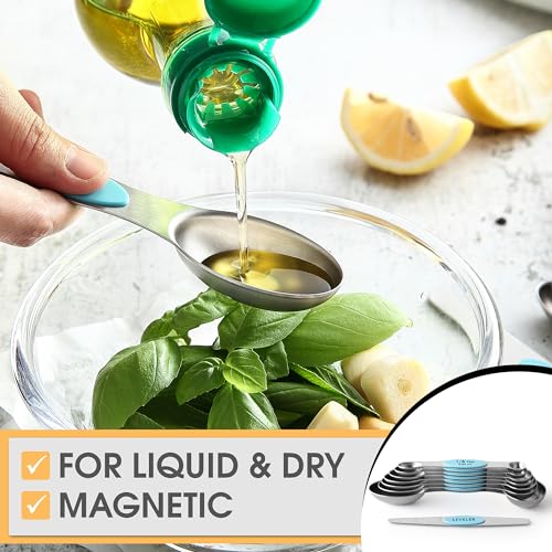 Image of Spring Chef Stainless Steel 8 Magnetic Measuring Spoons, 2 Pack, Aqua Sky