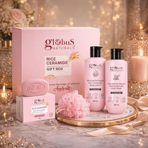 Image of Globus Naturals Rice Ceramide Bath & Body Gift Set for Glass Skin | Body Wash 250ml, Body Lotion 250ml & Face Soap 75g, Loofa | Hydrating, Skin Barrier Repair & Glow Body Care Gift Set