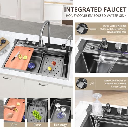 Évier de cuisine à commande piano et cascade intégrée en acier inoxydable