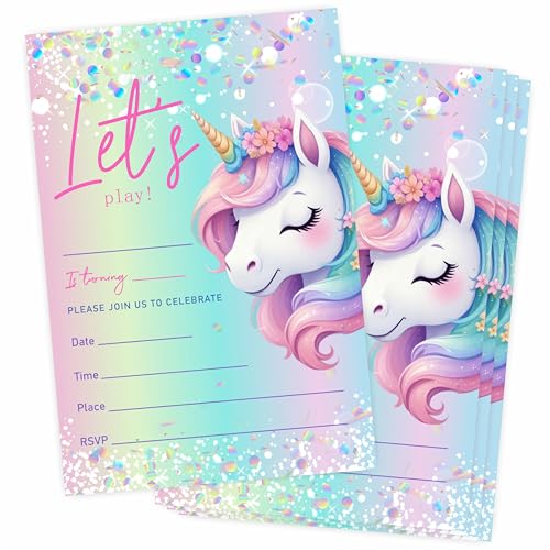 Grehos Set Of 20 Magical Unicorn Birthday Invitation Cards - Let's Play Colorful Unicorn Invites With Envelopes - Double Side Fill In Style Party Celebration Favor & Supplies - A10