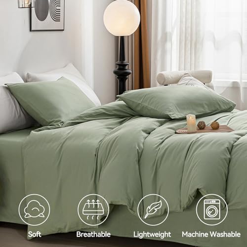 Image of JELLYMONI Light Green Duvet Cover Full Size - 100% Washed Cotton Linen Like Textured Comforter Cover, 3 Pieces Breathable Soft Bedding Set with Zipper Closure (Light Green, Full 80 inchx90 inch)