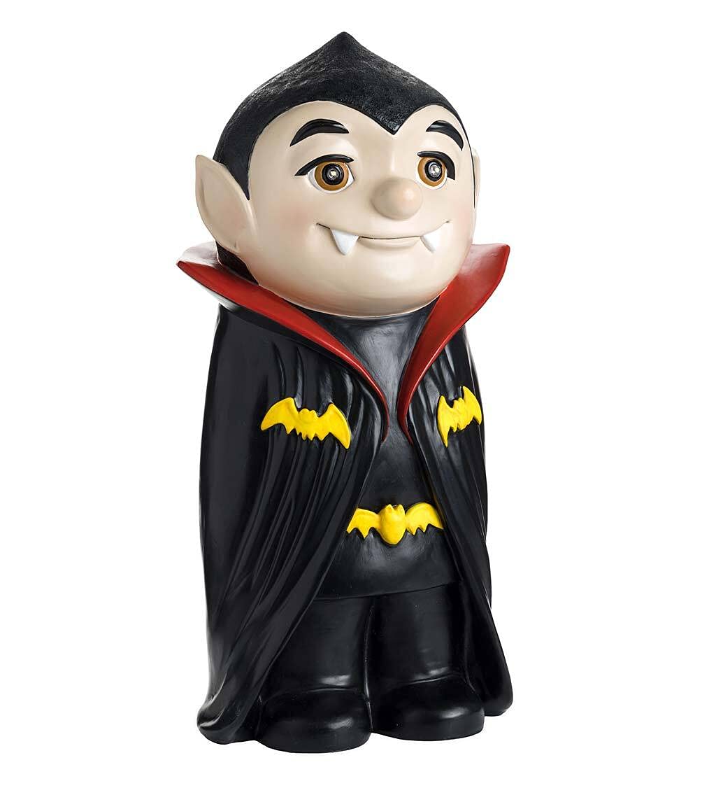 Plow & Hearth Indoor/Outdoor Lighted Dracula Shorty Statue, Halloween Accents,Weather-Resistant, LED Lights with Auto-Timer, Battery-Operated, 8¼"L x 6½"D x 16" H
