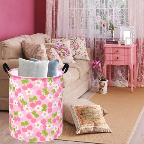 Image of Kids Laundry Hamper Clothes Gift Basket Storage Laundry Baskets Organizer Bin with Handles for Nursery Room (Pink Cherry)
