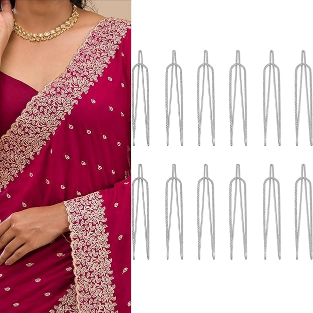 Image of Glaze Silver U Saree & Dupatta Pins for Women - Strong Holding Clips for Pallu, Waist Pleats & Heavy Sarees - Pack of 12
