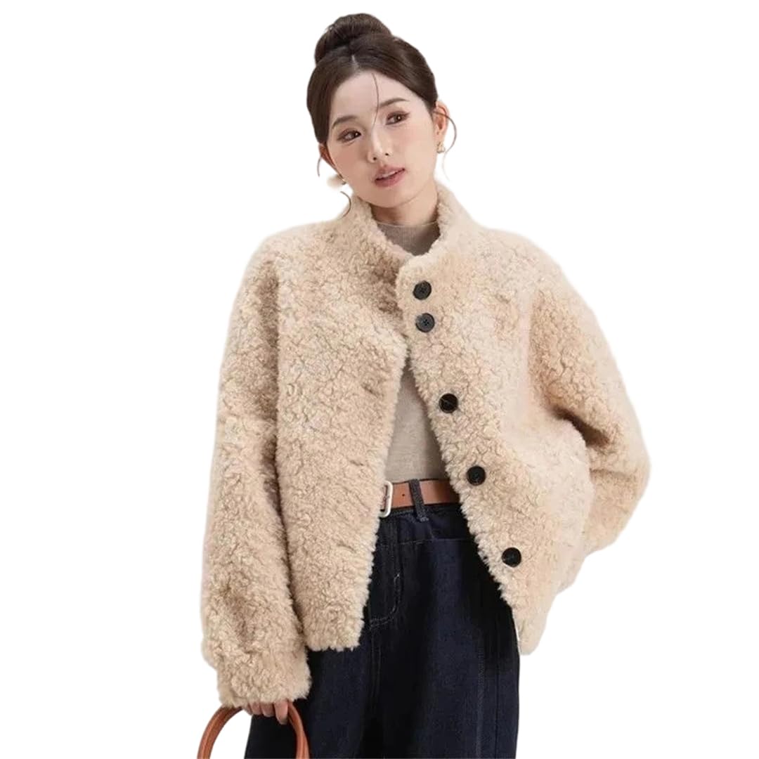 Fnfmrfmr Womens Winter Lambs Wool Crop Coat Long Sleeve Button Stand Collar Vintage Warm Outwear