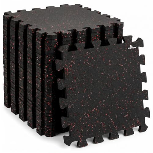 Image of Leeway Interlocking Gym Mats for Floor | EPDM (Set of 2, 10mm, 20 inchx20 inch) Black with Red Flecks | Gym Floor Mat Rubber for Workout | Equipment Matt for Home | Rubber Tiles, Kids Rooms Puzzle Mate