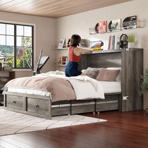 Image of AMERLIFE Queen Murphy Bed with Storage & Charging Station, Farmhouse Murphy Cabinet with Foldable Panel, Noisy Free, for Living Room, Guest Bedroom, Office, Rustic Grey