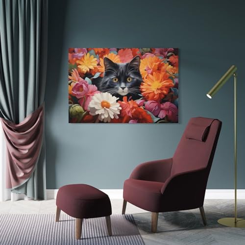 Toile chat floral moderne tableau prêt à poser pour mur vide - 4