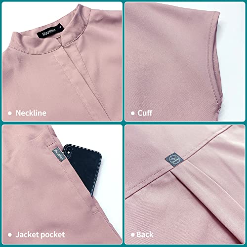 Women's Jogger Scrub Set with Pocket Medical Uniforms Include V-Neck Scrub Top and Pant Fitted Stretch Scrub Set-12 Color (Chalk Pink,L,Large)