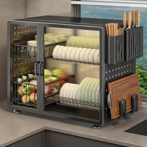 Escurridor de platos de 2 niveles con tapa – Escurreplatos de encimera HeavyDu para fregadero Sto ceSaving de cocina de metal para un secado eficiente