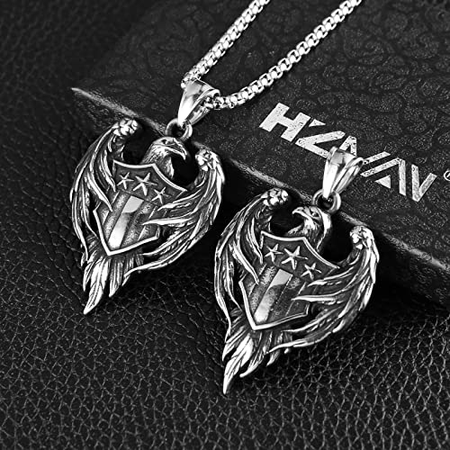 HZMAN Stainless Steel Hawk Eagle Necklace for Men Women Patriotic American Flag Bald Eagle Shield Pendant Jewelry3