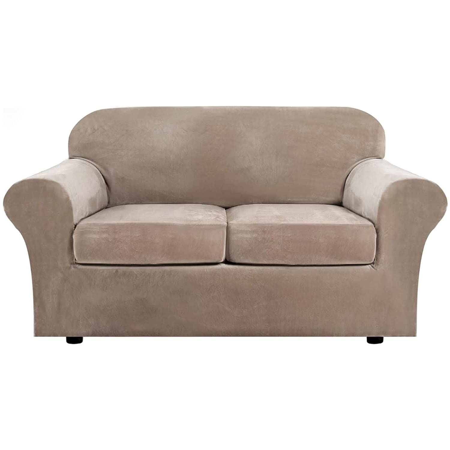 SYLC Sofa Cover Stretch Loveseat Sofa Slipcover 2 Seater with 2 Separate Cushion Covers Velvet Couch Cover 3 Piece Luxurious (Sand)
