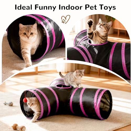 Image of Tempcore Cat Tunnel for Indoor Cats, 3 Way Collapsible Pet Play Tunnel with Teaser Wand, Peek Holes & Hanging Ball, Interactive Tube for Kittens & Rabbits, Black & Rose Red