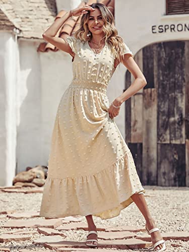 Image of PRETTYGARDEN Womens Dresses 2026 Summer Maxi Dress Boho Short Sleeve V Neck Swiss Dot Ruffle Tiered Smocked Flowy Long Dress