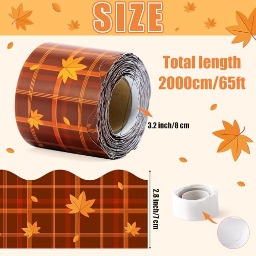 Image of BeYumi Fall Plaid Border Trim - 65ft Fall Maple Leaves Plaid Scalloped Rolled Border Trim Autumn Thanksgiving Brown Bulletin Board Set Harvest Party Decor Classroom Office Chalkboard Door Decoration